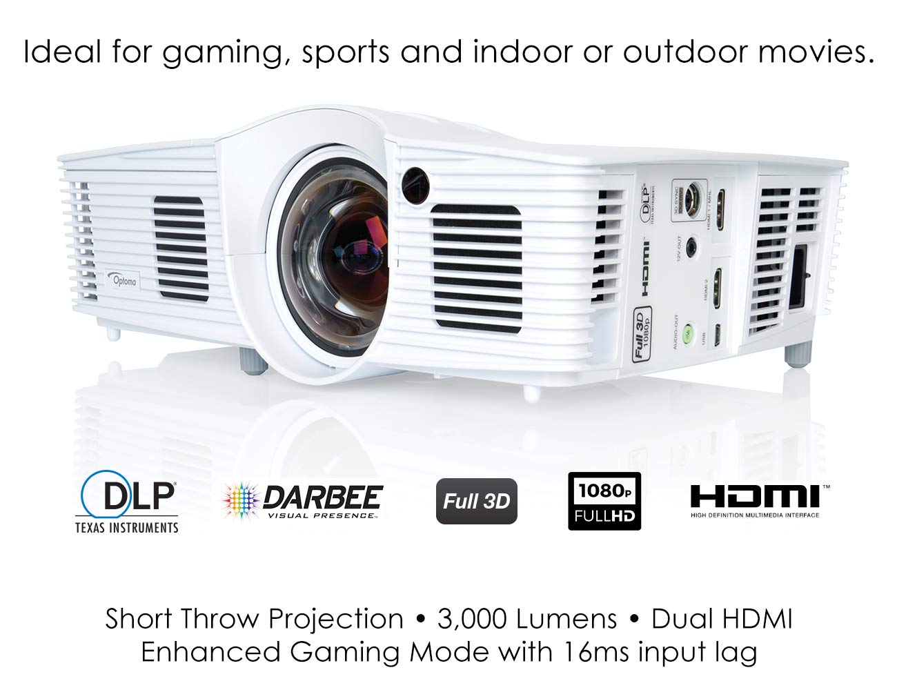 Optoma GT1080Darbee Short Throw Projector for Gaming, Movies and Sports, 3000 Lumens
