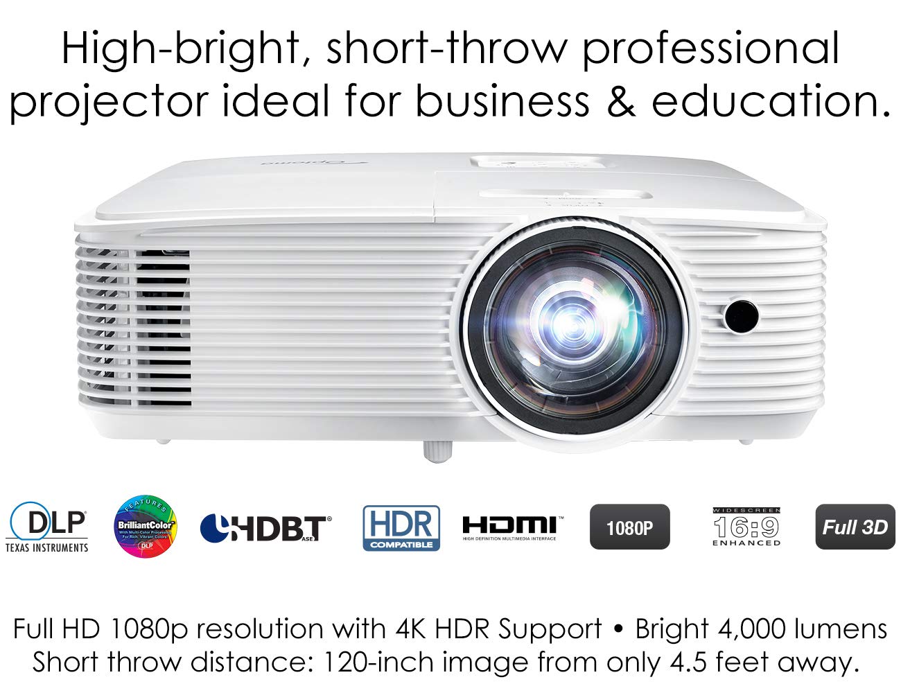 Optoma EH412ST Short Throw 1080P HDR Professional Projector | Super Bright 4000 Lumens