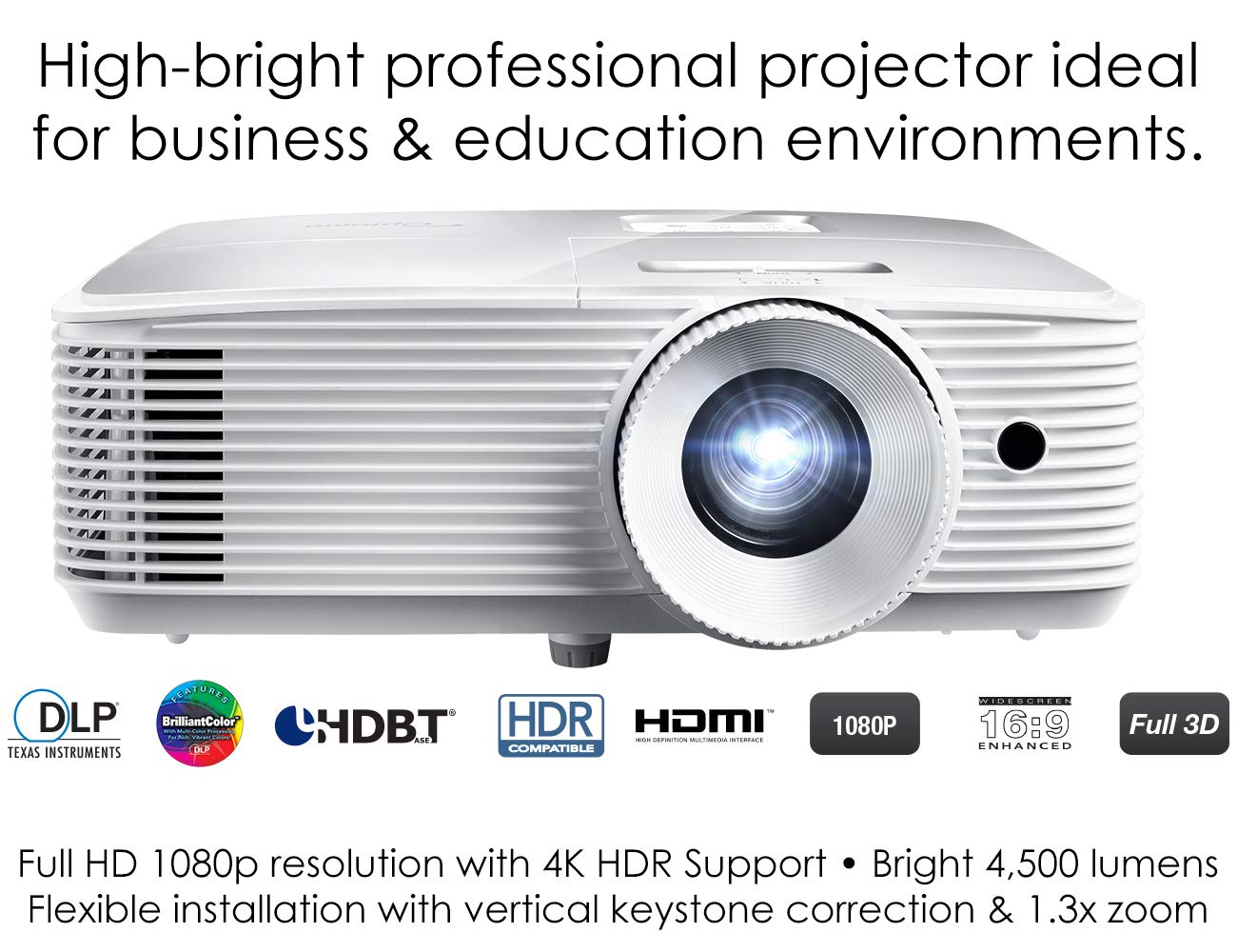 Optoma EH412 1080P HDR DLP Professional Projector | Super Bright 4500 Lumens