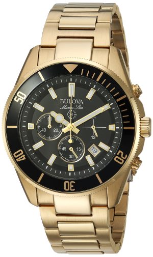 Bulova Men’s 43mm Marine Star Black Dial Goldtone Chronograph Watch