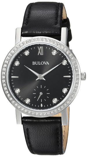 Bulova Women’s 32mm Crystal Black Leather Strap Watch