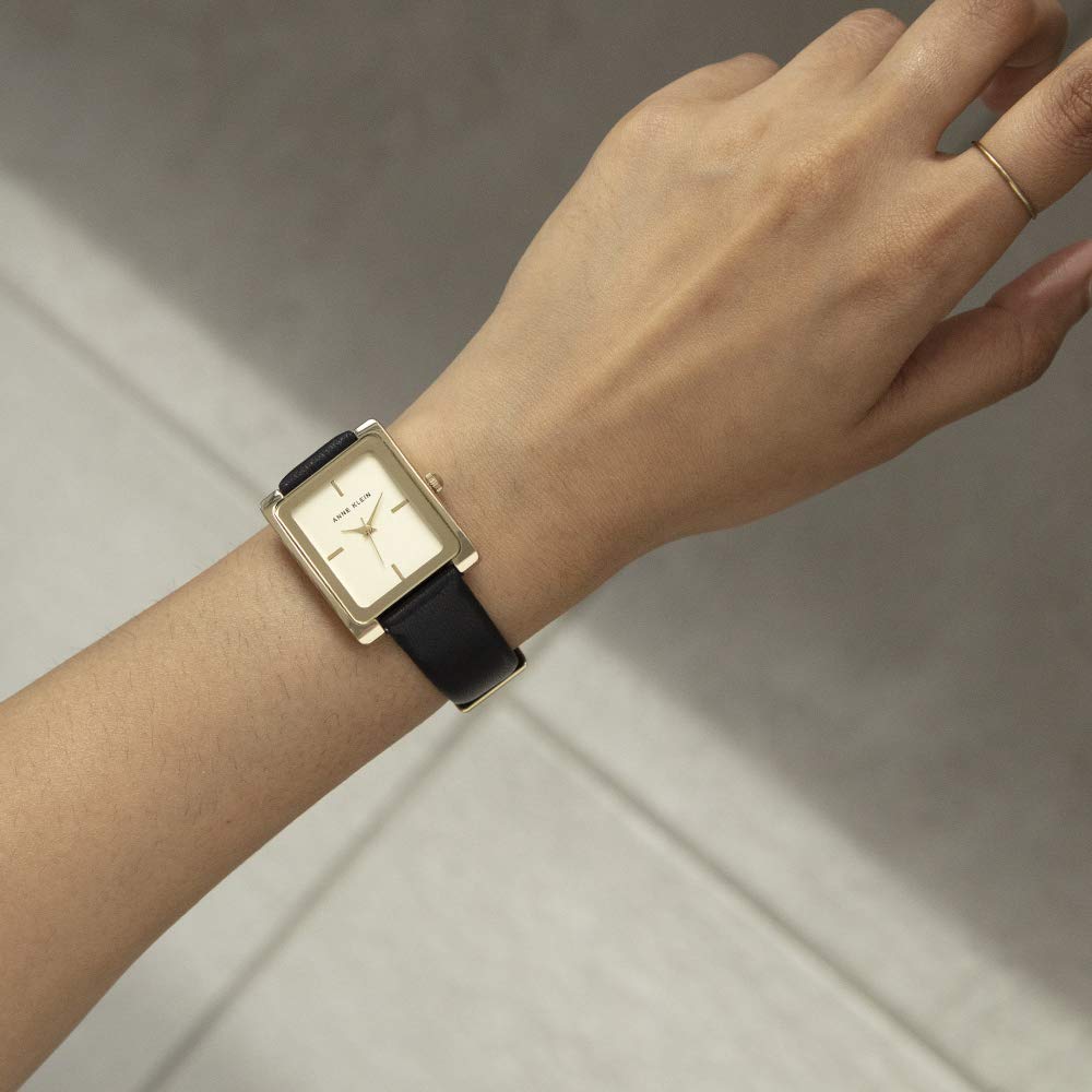 Anne Klein Women’s AK/2706CHBK Gold-Tone and Black Leather Strap Watch