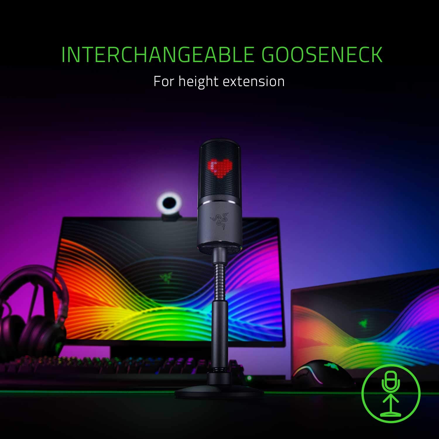 Razer Seiren Emote Streaming Microphone: 8-bit Emoticon LED Display – Stream Reactive Emoticons – Hypercardioid Condenser Mic – Built-in Shock Mount – Height & Angle Adjustable Stand – Matte Black