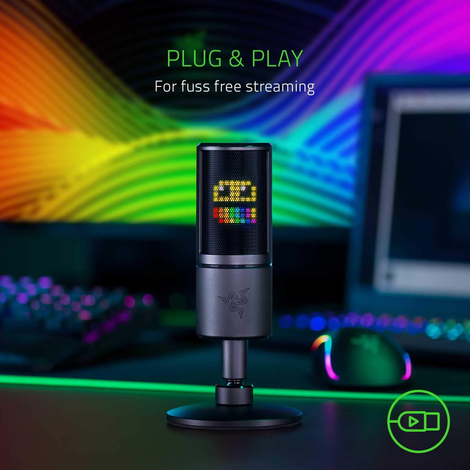 Razer Seiren Emote Streaming Microphone: 8-bit Emoticon LED Display – Stream Reactive Emoticons – Hypercardioid Condenser Mic – Built-in Shock Mount – Height & Angle Adjustable Stand – Matte Black