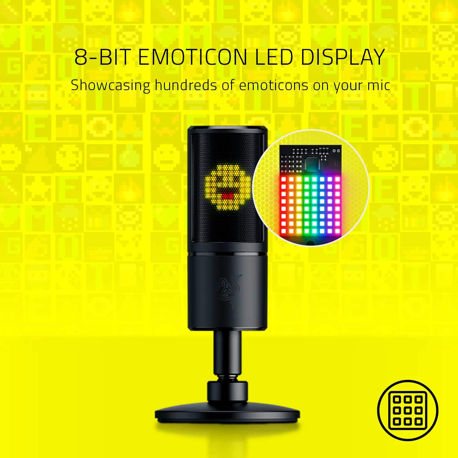 Razer Seiren Emote Streaming Microphone: 8-bit Emoticon LED Display – Stream Reactive Emoticons – Hypercardioid Condenser Mic – Built-in Shock Mount – Height & Angle Adjustable Stand – Matte Black