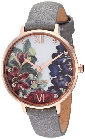 Nine West Women’s Rose Gold-Tone and Grey Strap Watch, NW/2348FLGY