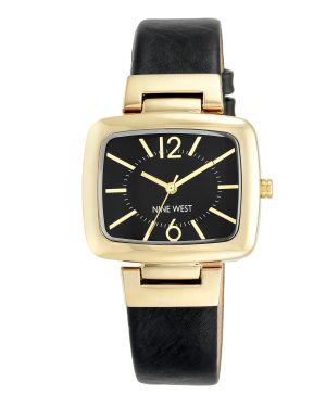 Nine West Black Strap Watch with Goldtone Modern Shaped TV Case