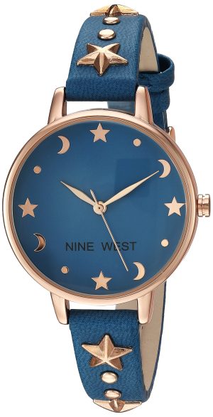 Nine West Women’s NW/2126RGBL Star Accented Rose Gold-Tone and Blue Strap Watch