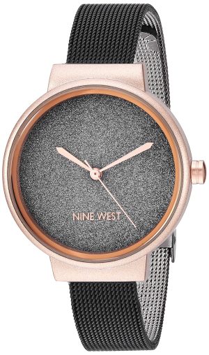 Nine West Women’s Rose Gold-Tone and Black Mesh Bracelet Watch