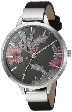 Nine West Women’s Silver-Tone and Black Strap Watch