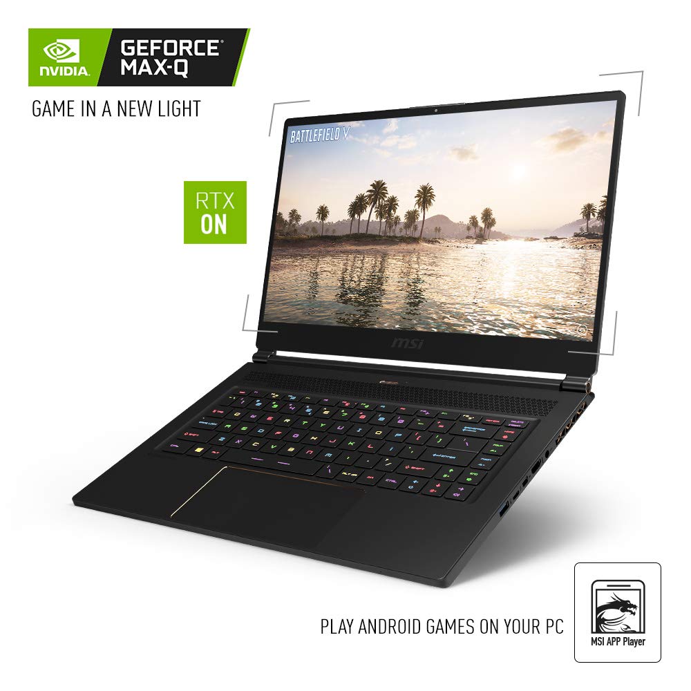 MSI GS65 Stealth-002 15.6″ Razor Thin Bezel Gaming Laptop NVIDIA RTX 2070 8G Max-Q, 144Hz 7ms, Intel i7-8750H (6 cores), 32GB, 512GB NVMe SSD, TB3, Per Key RGB, Win 10, Matte Black w/ Gold Diamond cut