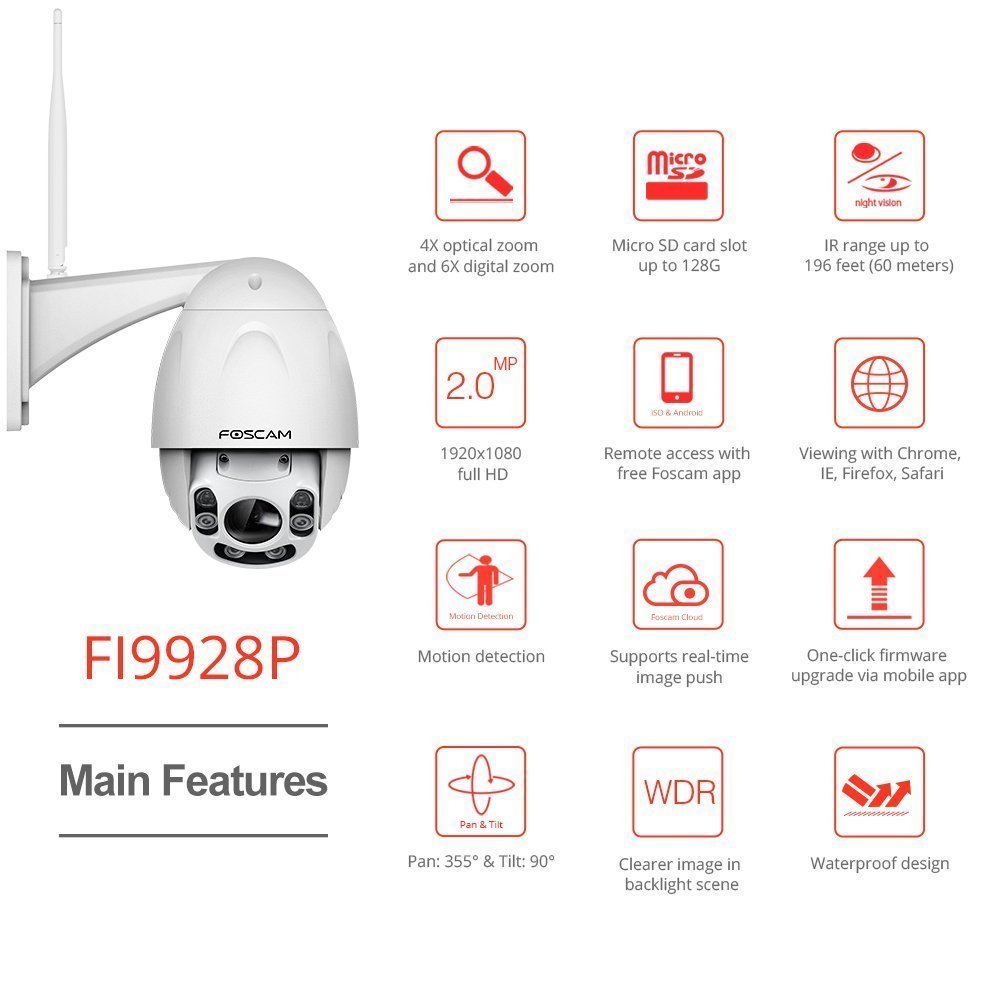 Foscam Outdoor PTZ (4X Optical Zoom) HD 1080P WiFi Security Camera – Pan Tilt Wireless IP Camera with Night Vision up to 196ft, IP66 Weatherproof Shell, WDR, Motion Alerts, and More (FI9928P)