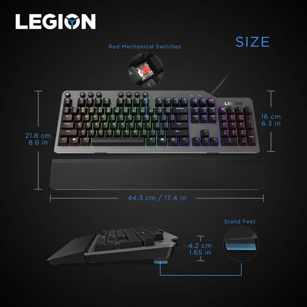 Lenovo GY40T26478 Legion K500 RGB Mechanical Gaming Keyboard, 3 Zone Full-Size Keyboard, 7 User Programmable Hot Keys; 16.8 Million Colors, 50 Million-Click Red Mechanical Keys, Detachable Palm Rest