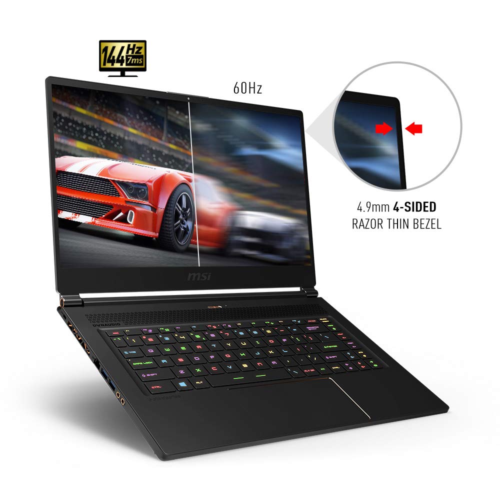 MSI GS65 Stealth-002 15.6″ Razor Thin Bezel Gaming Laptop NVIDIA RTX 2070 8G Max-Q, 144Hz 7ms, Intel i7-8750H (6 cores), 32GB, 512GB NVMe SSD, TB3, Per Key RGB, Win 10, Matte Black w/ Gold Diamond cut