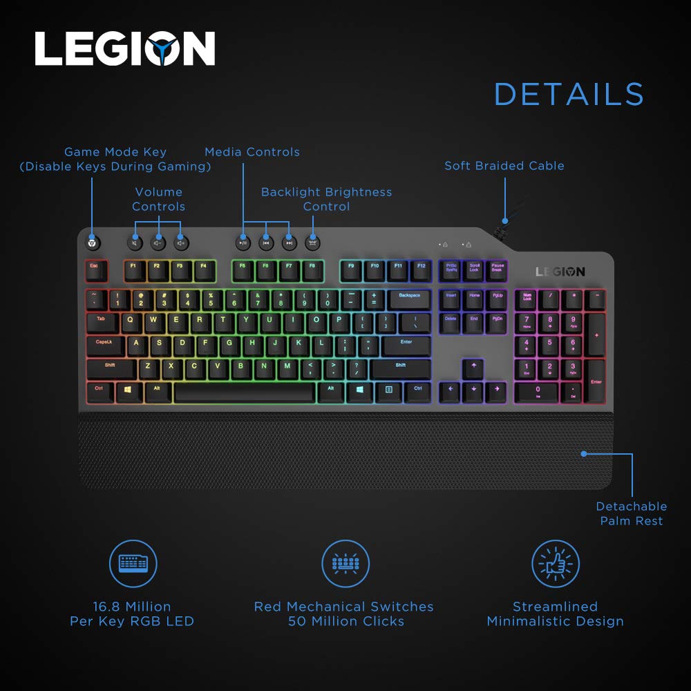 Lenovo GY40T26478 Legion K500 RGB Mechanical Gaming Keyboard, 3 Zone Full-Size Keyboard, 7 User Programmable Hot Keys; 16.8 Million Colors, 50 Million-Click Red Mechanical Keys, Detachable Palm Rest
