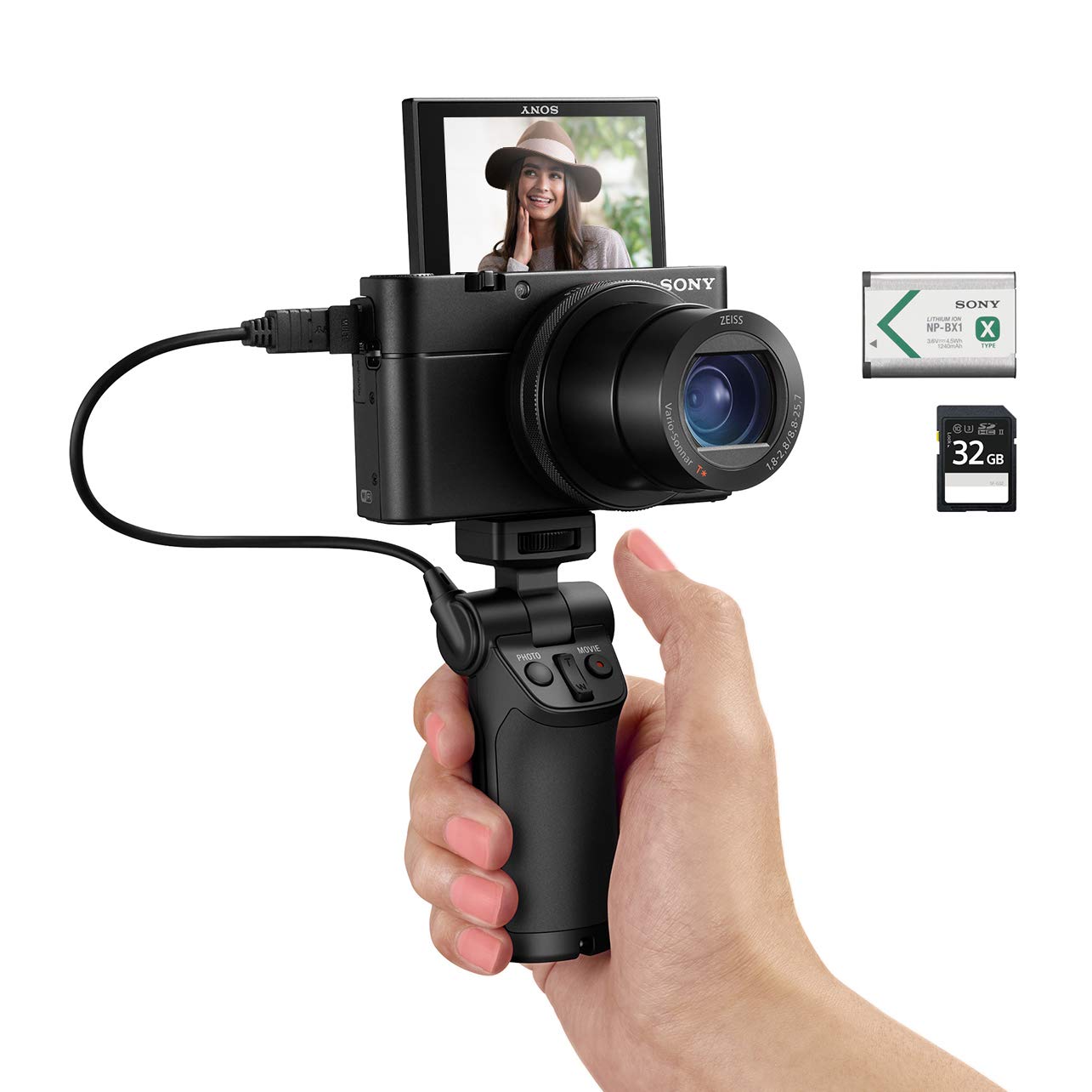 Sony Video Creator Kit (RX100VA 24-70mm F1.8-2.8 ZEISS zoom lens) with VCTSGR1 shooting grip, extra battery, and 32GB SD card