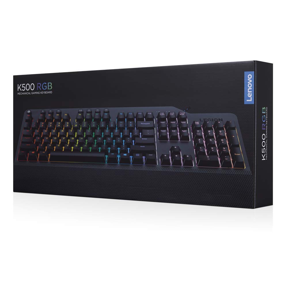 Lenovo GY40T26478 Legion K500 RGB Mechanical Gaming Keyboard, 3 Zone Full-Size Keyboard, 7 User Programmable Hot Keys; 16.8 Million Colors, 50 Million-Click Red Mechanical Keys, Detachable Palm Rest