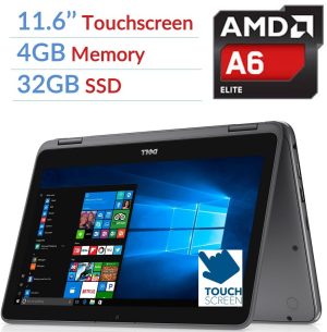 Dell Inspiron 3000 2-in-1 Convertible Laptop PC/Tablet, 11.6 LED-Backlit Touchscreen, 7th Gen AMD A6-9220e 2.5GHz Processor, 4GB DDR4, 32GB SSD, Bluetooth, WiFi, MaxxAudio, Windows 10