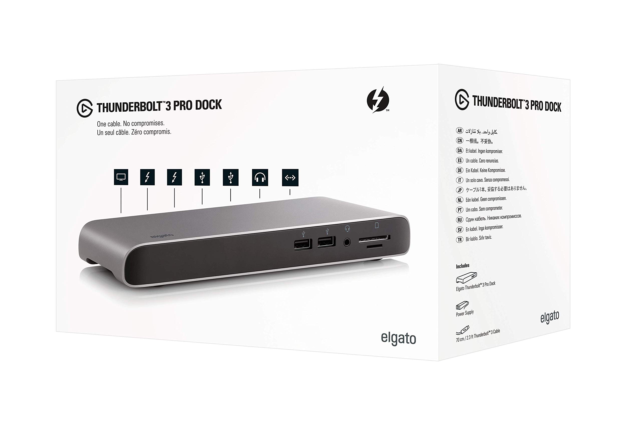 Elgato Thunderbolt 3 Pro Dock – With 50 cm Thunderbolt cable, 40Gb/s, dual 4K support, 2x Thunderbolt 3 (USB- C), 4x USB 3.0,SD/Micro SD Card Reader, Audio I/O, Gigabit Ethernet, aluminum chassis.