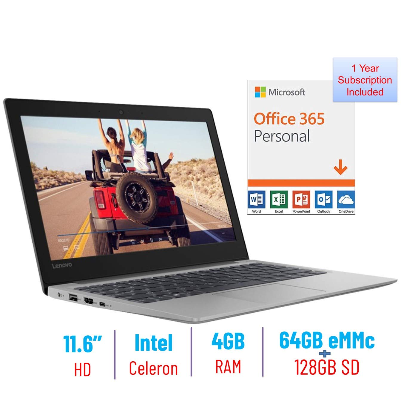 Lenovo 11.6-inch HD Laptop PC Intel Celeron N4000 up to 2.6GHz Processor, 4GB Memory, 64GB eMMc + 128GB SD, Webcam, Bluetooth, HDMI, USB 3.1, Windows 10 S Mode, 1-Year Office 365 Included