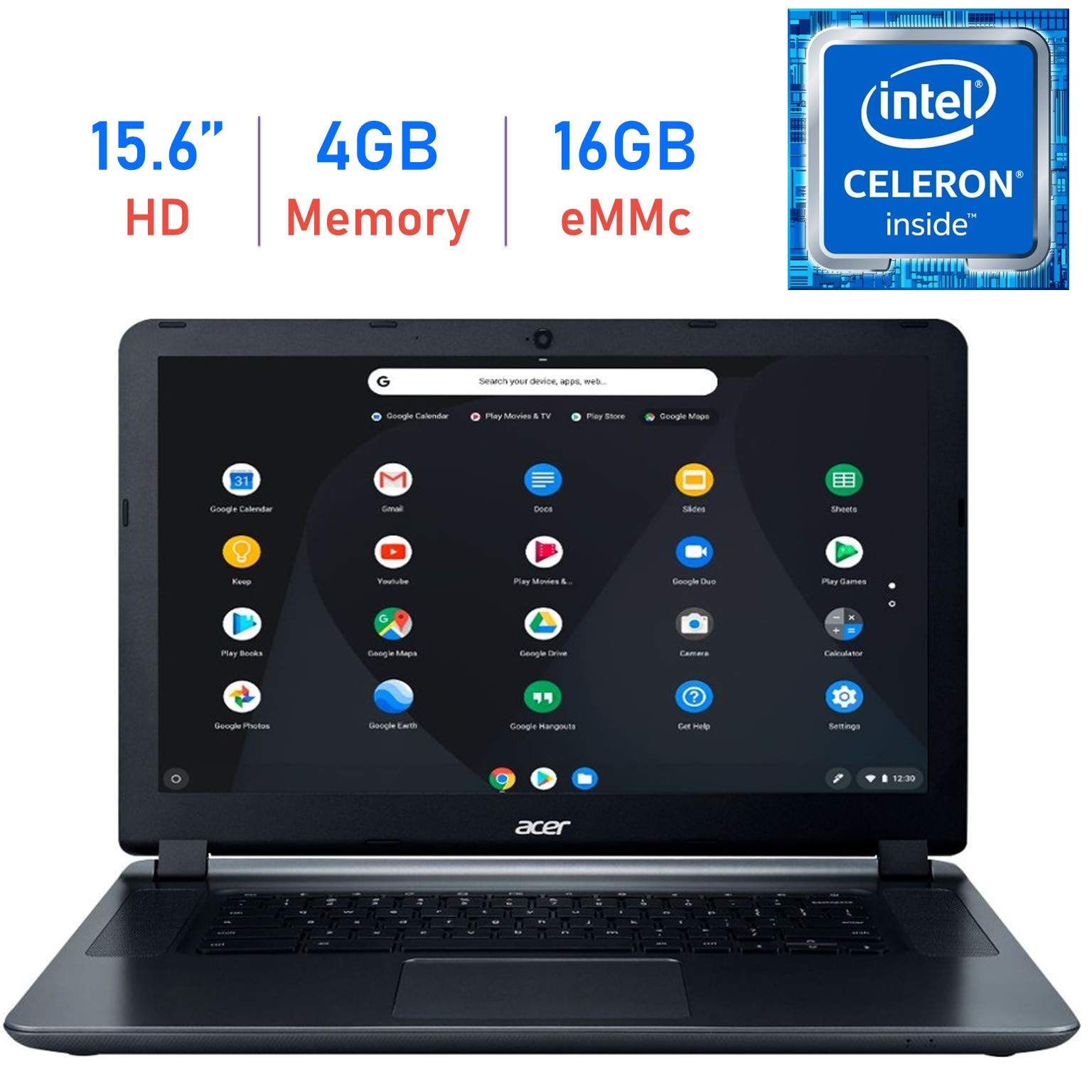 Acer Premium 15.6’’ Chromebook HD ComfyView Display Laptop (Intel Dual-Core Celeron 1.6GHz, 4GB Memory, 16GB eMMC Storage, WiFi, Bluetooth, Webcam, HDMI, Up to 12 hrs Battery, USB 3.0, Chrome OS)