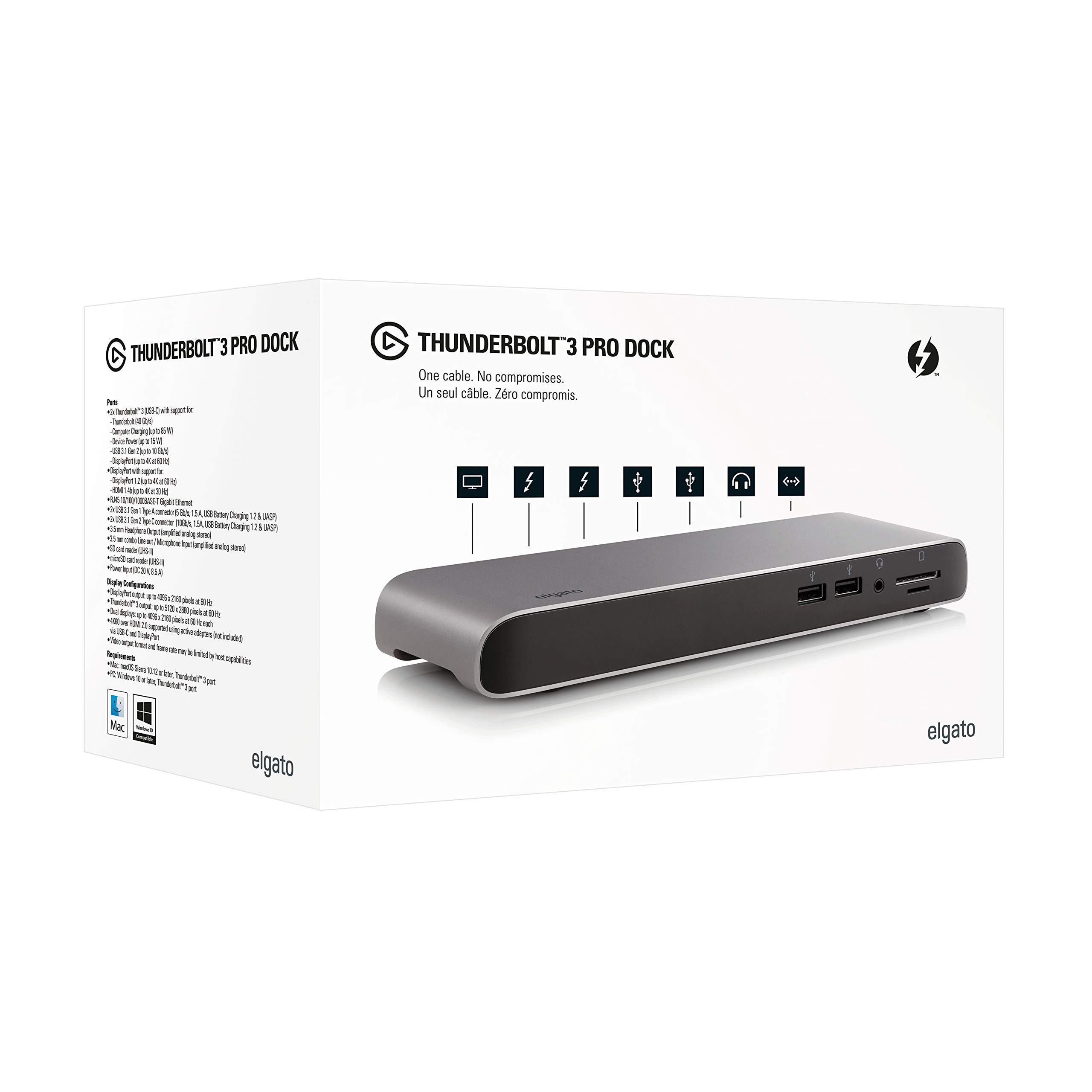 Elgato Thunderbolt 3 Pro Dock – With 50 cm Thunderbolt cable, 40Gb/s, dual 4K support, 2x Thunderbolt 3 (USB- C), 4x USB 3.0,SD/Micro SD Card Reader, Audio I/O, Gigabit Ethernet, aluminum chassis.