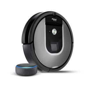 iRobot Roomba 960 Robot Vacuum Cleaner, WiFi Connected and Programmable via App, Silver & Echo Dot (3rd Gen) – Smart speaker with Alexa – Charcoal Fabric