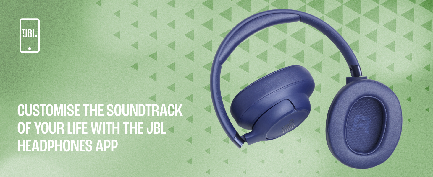 Text reads 'CUSTOMIZE THE SOUNDTRACK OF YOUR LIFE WITH THE JBL HEADPHONES APP'. Marketing image showing blue wireless headphones on mint green background.
