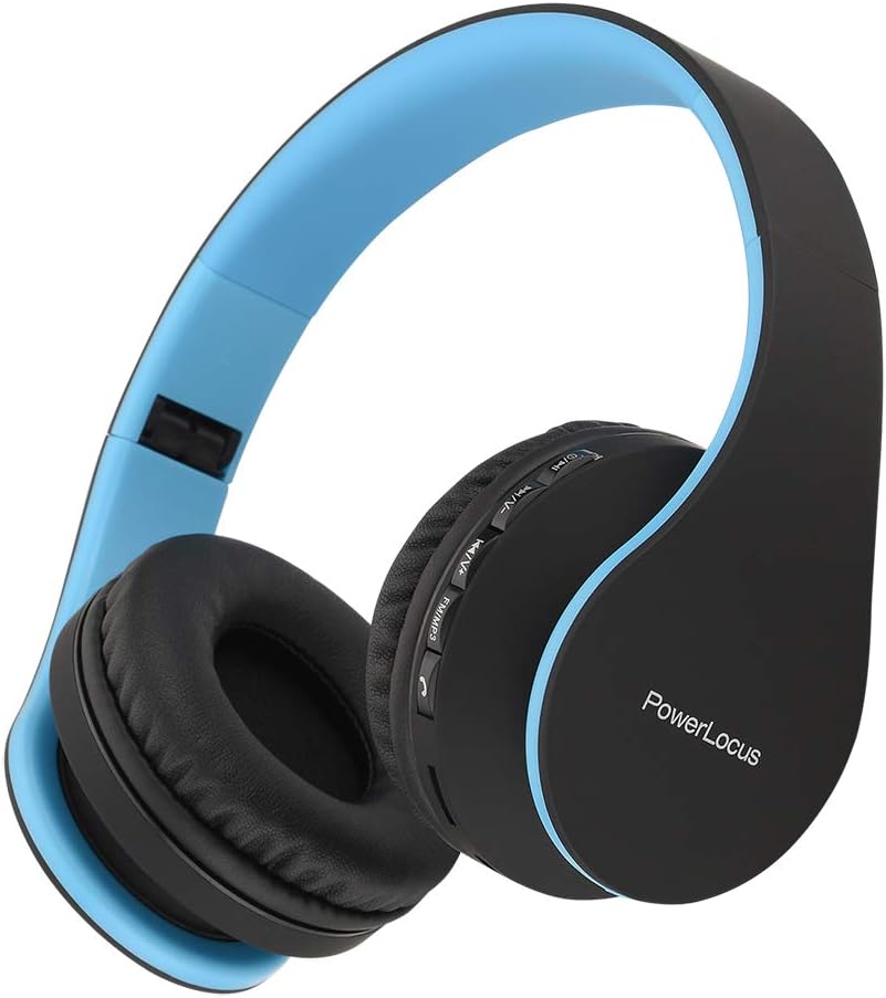 PowerLocus Wireless Bluetooth Over-Ear Stereo Foldable Headphones, Wired Headsets Noise Cancelling with Built-in Microphone for iPhone, Samsung, LG, iPad (Black/Blue)