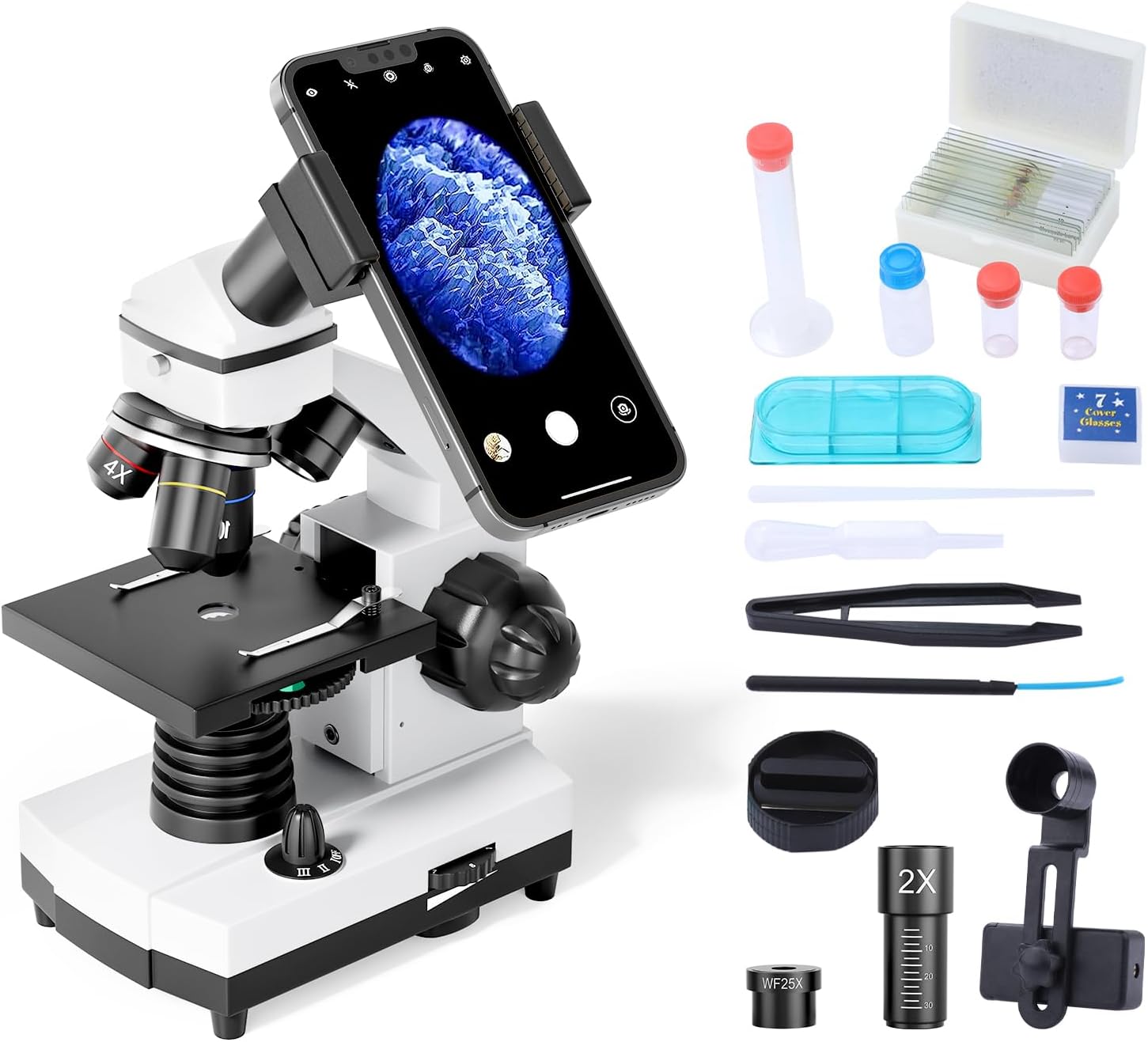Microscope for Students and Kids, 100-2000x Magnification Powerful Biological Educational Microscopes with Operation Accessories(10p), Slides Set(15p), Phone Adapter, Wire Shutter & Backpack
