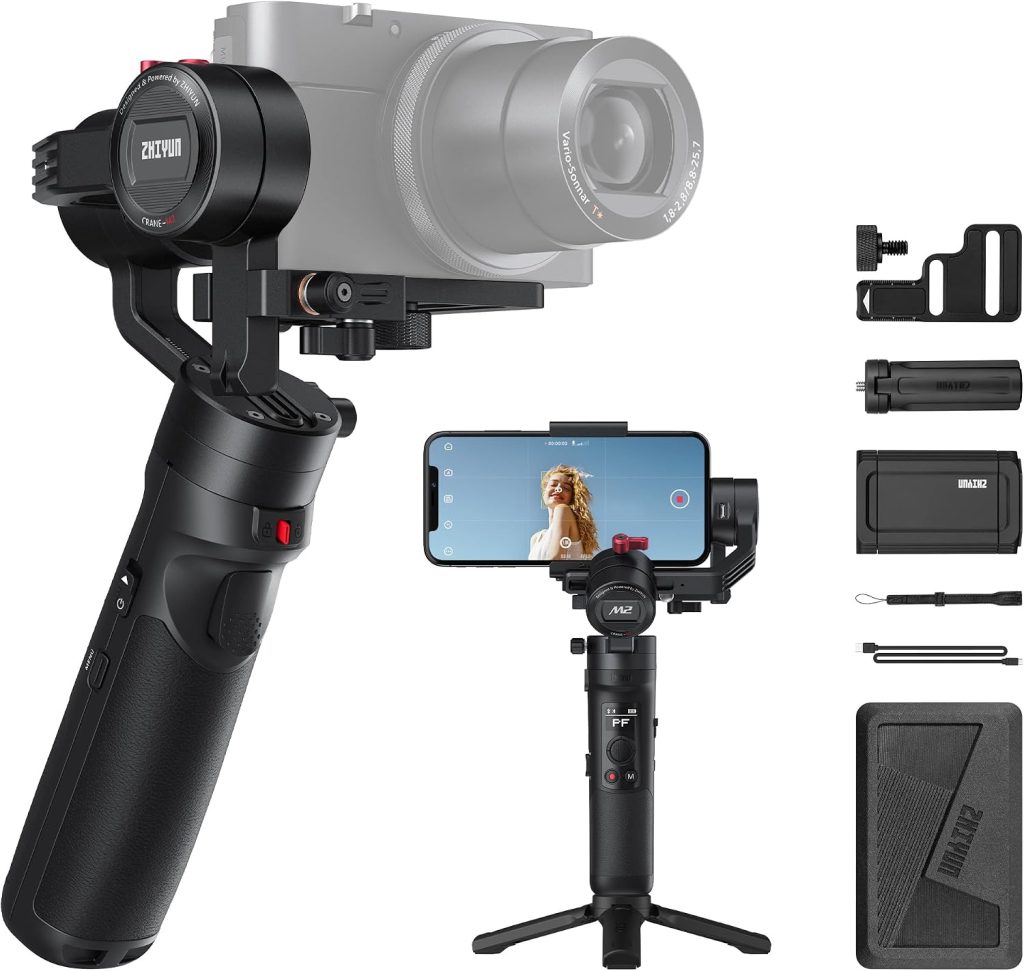 ZHIYUN Crane M2 [Official] Gimbal Stabilizer, 3-Axis Stabilizer for Action Camera, GoPro, Mirrorless, Smartphone with Clamp, Tripod