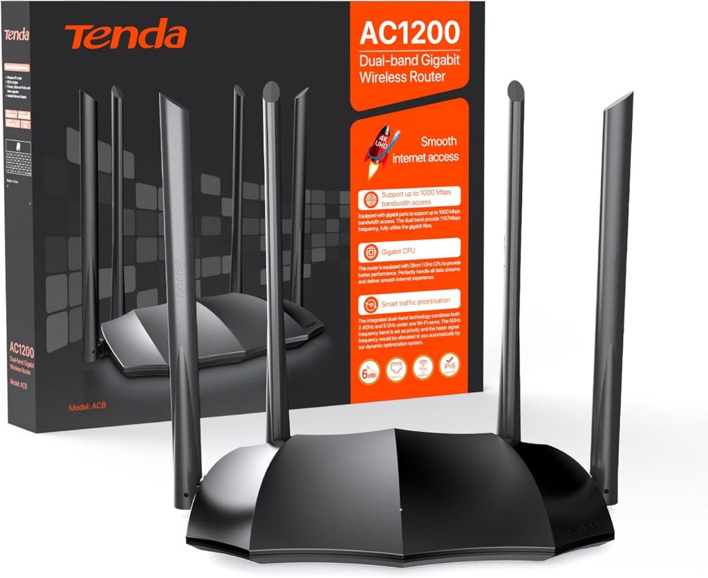 Tenda AC8 Router WiFi AC1200 - Wireless Router with Dual Band 5GHz/2.4GHz, 3xWAN/LAN Gigabit Ports, 4x6dBi Antennas, Repeater Access Point Mode, Beamforming, MU-MIMO, APP Control, IPv6, WPS
