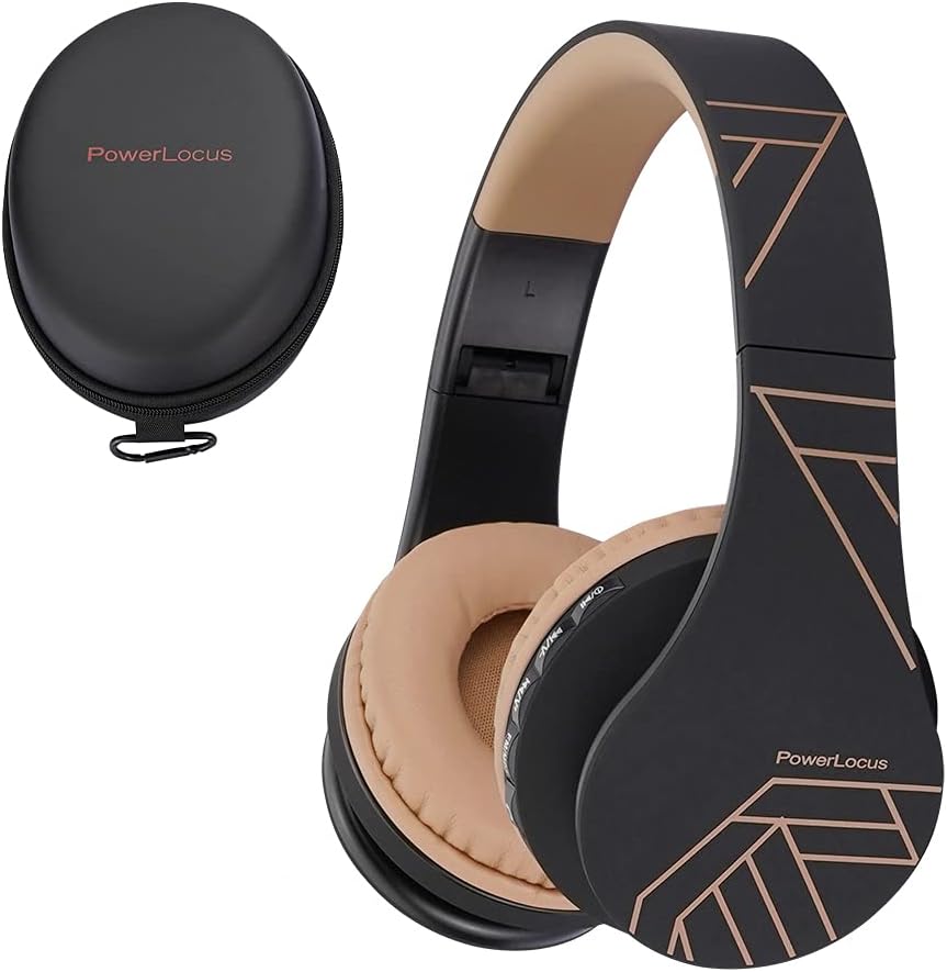 PowerLocus Wireless Bluetooth Over-Ear Stereo Foldable Headphones, Wired Headsets Noise Cancelling with Built-in Microphone for iPhone, Samsung, LG, iPad (Black/Brown)