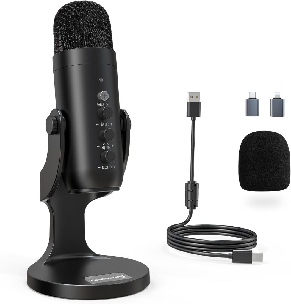zealsound USB Microphone, Podcast Mic for PC, iPhone & Phones, k66 Black