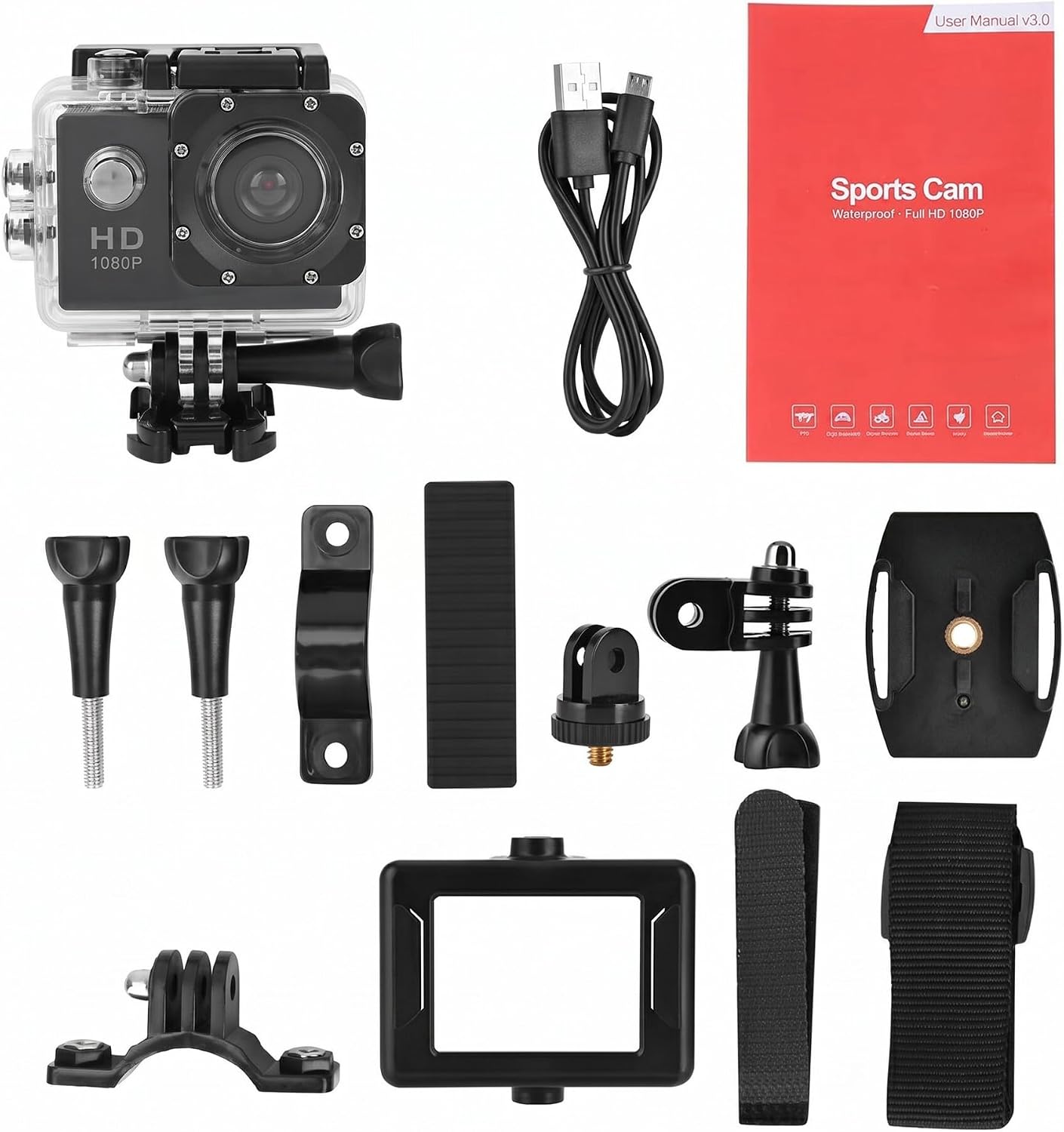 Sorandy Action Camera Kit, HD 1080P 2 Inch LCD Screen Universal Sports Camera, 140 ° Wide Angle Lens Multifunctional Waterproof Action Camera with 900mAh Battery, for Outdoor, Gifts(black)