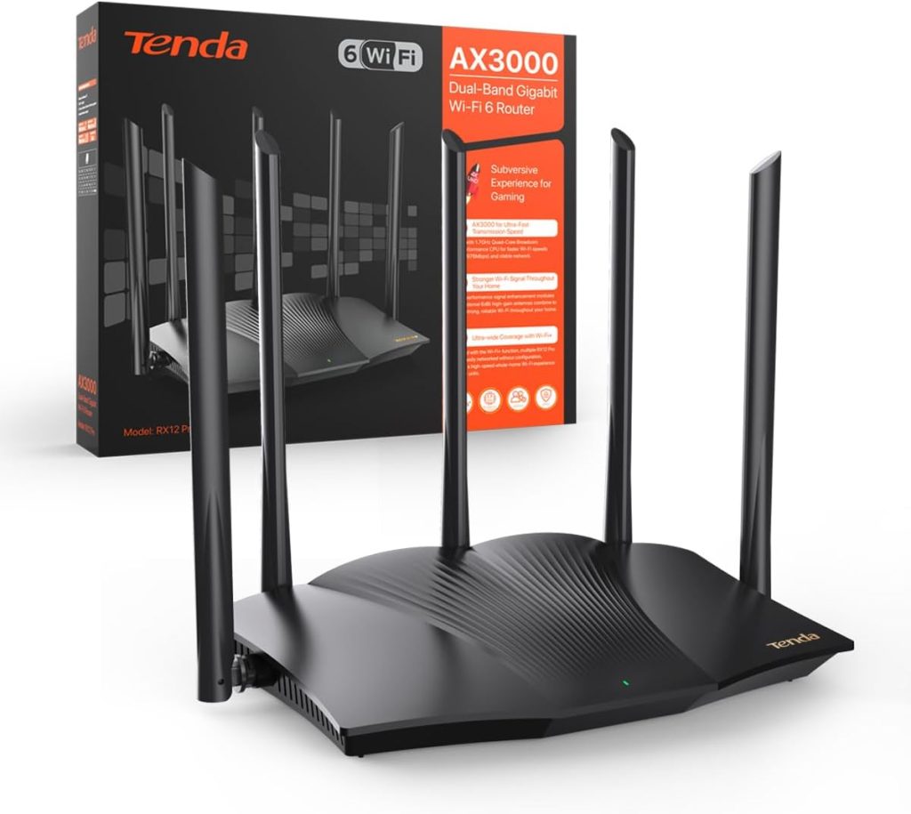 Tenda Wi-Fi 6 Router AX3000 - Dual Band 2.4Ghz/5Ghz, 1xWAN/3xLAN Gigabit Ports, 5x6dBi Antennas, WiFi+ Mesh, Repeater Mode, Support VPN, WPA3, WPS, RX12 Pro