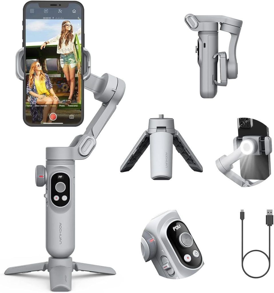 Professional Gimbal Stabilizer for Smartphone w/Wireless Charging OLED Display LED Light Focus Wheel, 3-Axis Phone Gimbal Stabilizer for iPhone16 15 14 13 Pro/Max/Xs Galaxy S23-AOCHUAN SMART X Pro