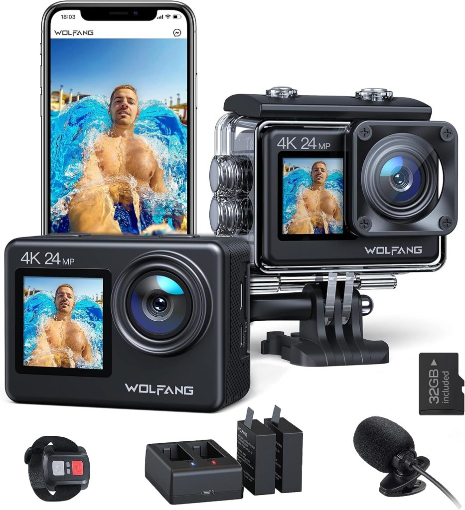 WOLFANG Action Camera 4K 24MP WiFi GA200, 40M Waterproof Underwater Camera for Snorkeling, EIS 170° Wide Angle Dual Screen Vlogging Camera with External Microphone, Charger, Remote Control