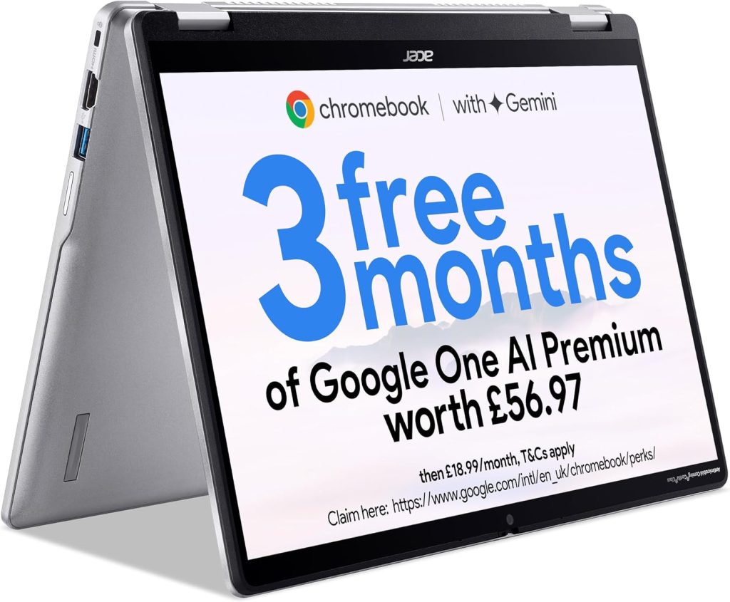 acer Chromebook Spin 314 CP314-2HN Convertible Laptop - Intel N100, 4GB, 128GB eMMC, Integrated Graphics, 14" WUXGA Touchscreen, Chrome OS, Silver