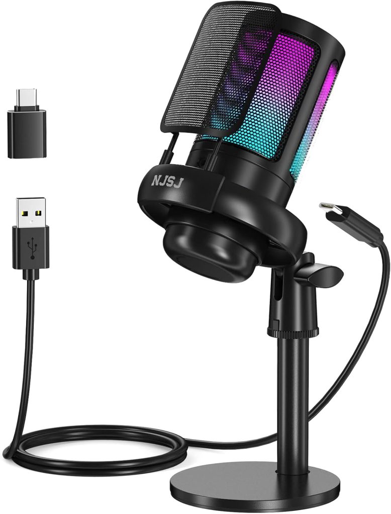 NJSJ USB Microphone for PC, RGB Gaming Mic with Mute Button, Condenser Microphone with Gain knob & Monitoring Jack for Recording, Streaming, Podcasting（Black）