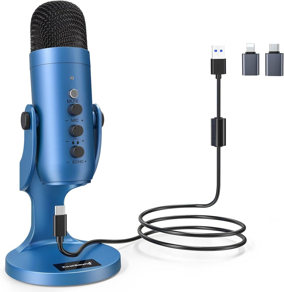 zealsound USB Microphone, Podcast Mic for PC, iPhone & Phones, k66 Blue