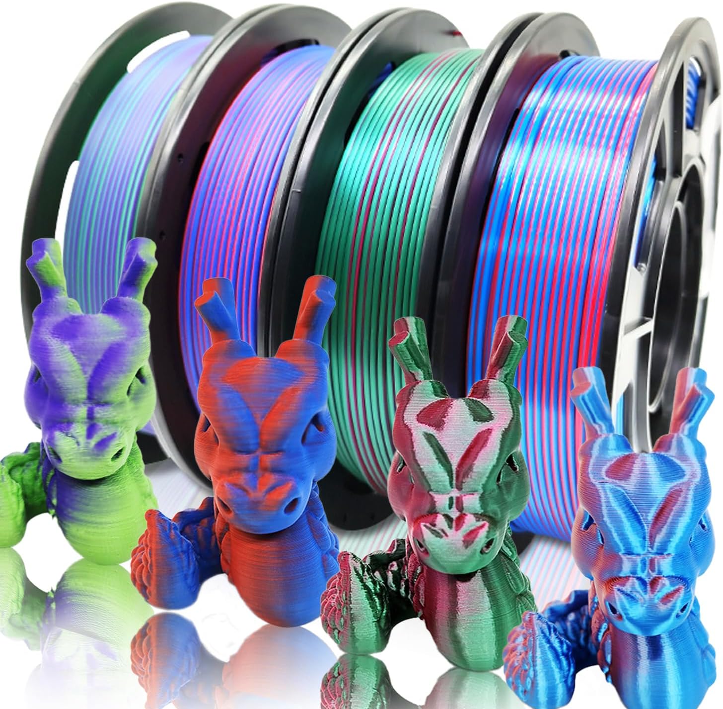 Reprapper 4X 250g Color Pack – Dual Color PLA Filament 1.75mm for 3D Printer & 3D Pen, Multicolour Filament, 4 x 250g Matte Red/Blue, Matte Purple/Green, Silk Red/Blue, and Silk Purple/Green