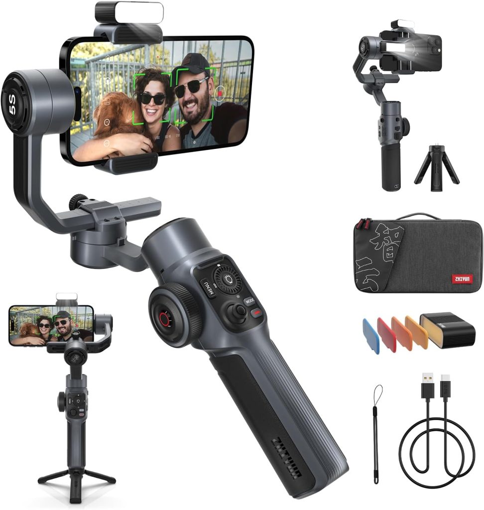 ZHIYUN Smooth-5S Combo [Official] iPhone 3 Axis Gimbal Stabilizer with Magnetic Lights, Smartphone Gimbal with Tripod, Cell Phone Stabilizer for FilmIC Pro, Vlog,