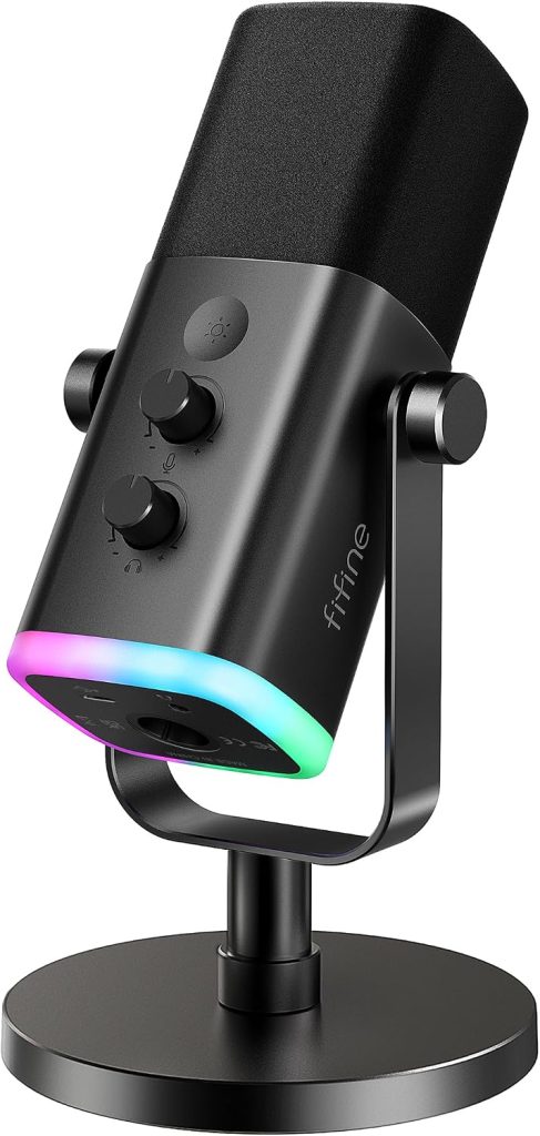 FIFINE USB/XLR Dynamic Mic for Podcasts, Gaming, and Streaming with RGB Light, Mute Button, Headphone Jack, Desktop Stand, Vocal Mic for Singing on YouTube-AmpliGame AM8
