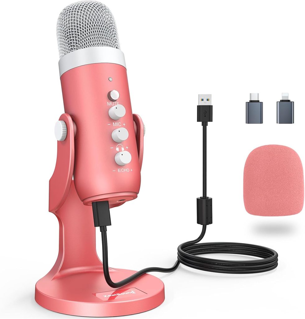 zealsound USB Microphone, Podcast Mic for PC, iPhone & Phones, k66 Pink