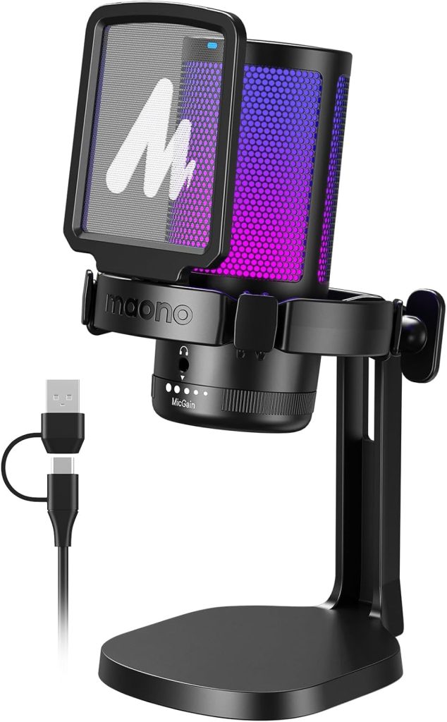 MAONO USB Microphone for PC, RGB Gaming Mic with Mute Button, Noise Cancellation Condenser Microphone with Gain knob for Streaming, Podcast, Recording, Chat, Compatible with PS5/PS4/Mac, DGM20