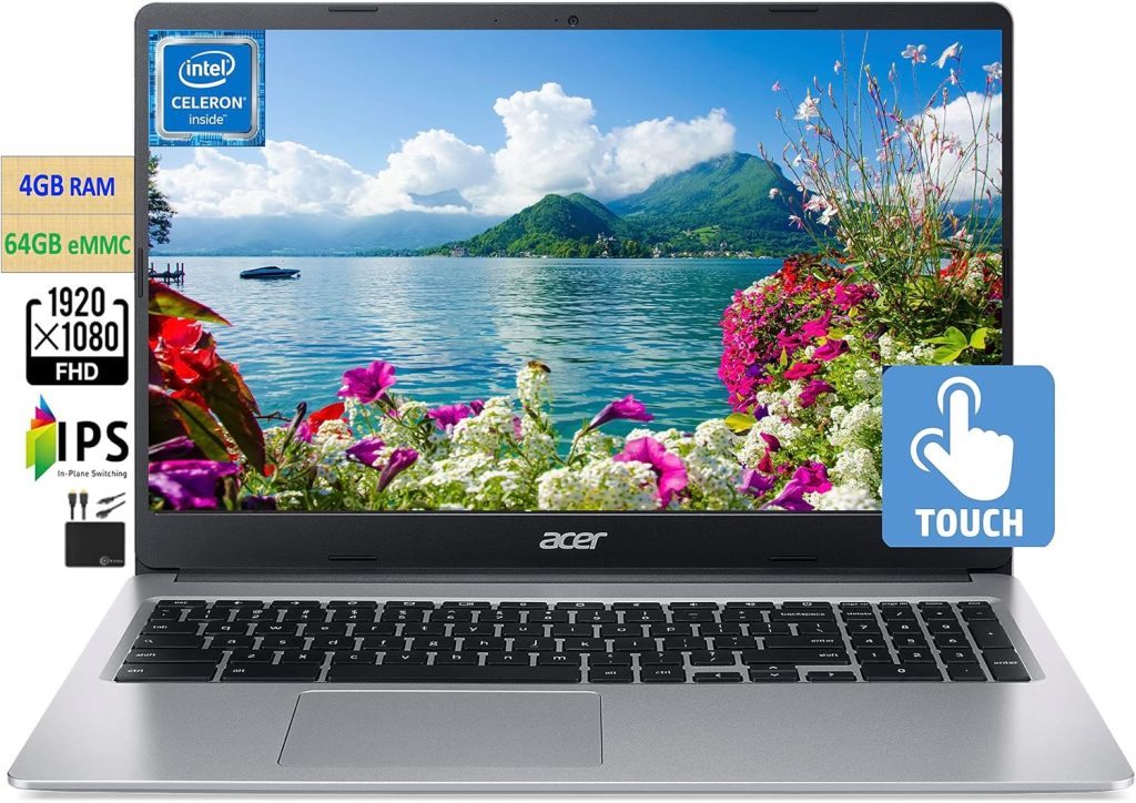 acer 2023 Chromebook 15.6" FHD 1080p IPS Touchscreen Light Computer Laptop, Due-core Intel Celeron N4020, 4GB RAM, 64GB eMMC, HD Webcam, WiFi 5, 12+ Hours Battery, Chrome OS, w/Marxsolcables