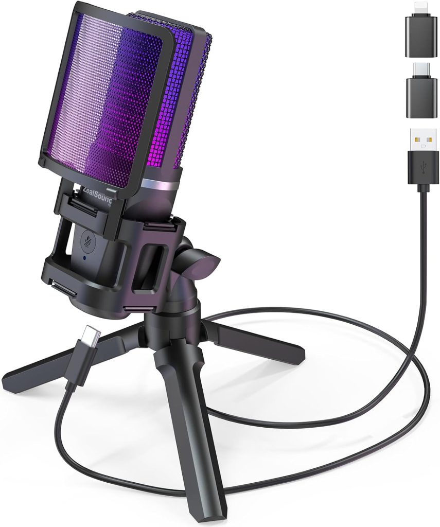 zealsound USB Gaming Microphone, RGB PC Mic for Podcasts Streaming on iPhone Mac PS5—Desktop Condenser Mic w/Mute, 2 Adapters (USB-C & Lightning),Tripod Stand, on Twitch YouTube Discord TikTok