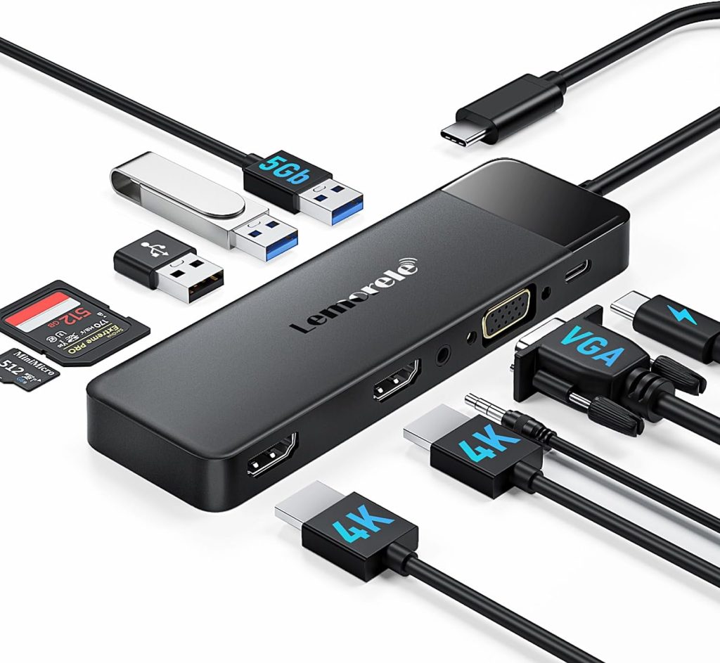 Lemorele Laptop docking station Dual Monitor,10-in-1 4k Dual HDMI USB C Hub