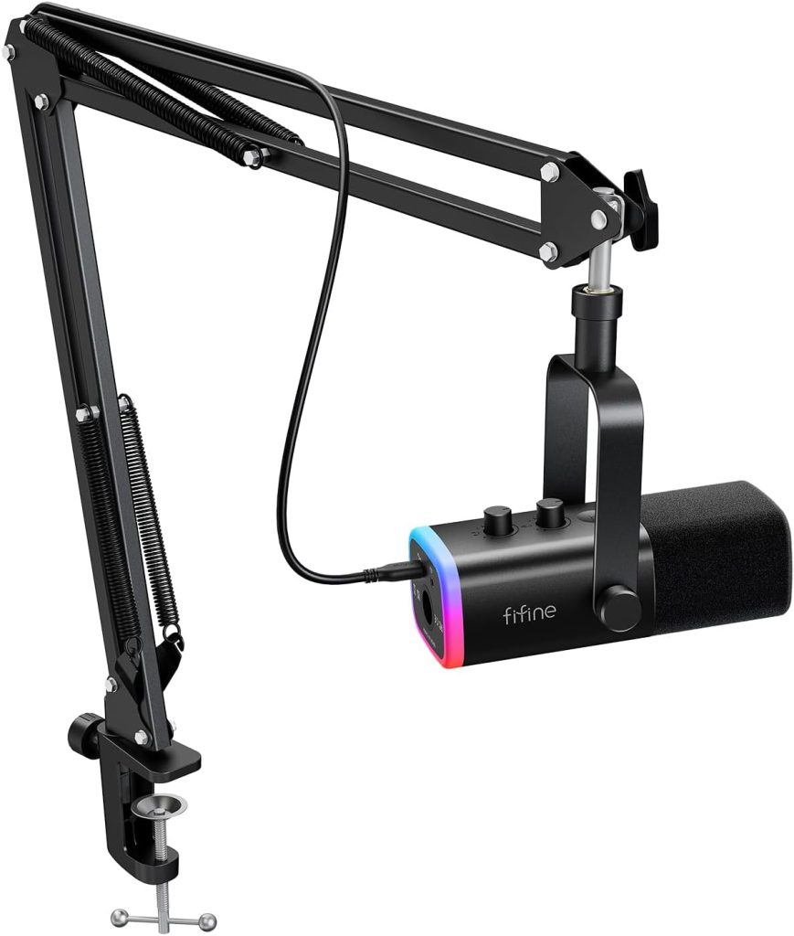FIFINE XLR/USB Mic Set for Streaming & Podcasting, Dynamic RGB Mic Kit with Boom Arm Stand, Mute Button, Headphones Jack, for Recording Vocal & Voice-Over-AmpliGame AM8T